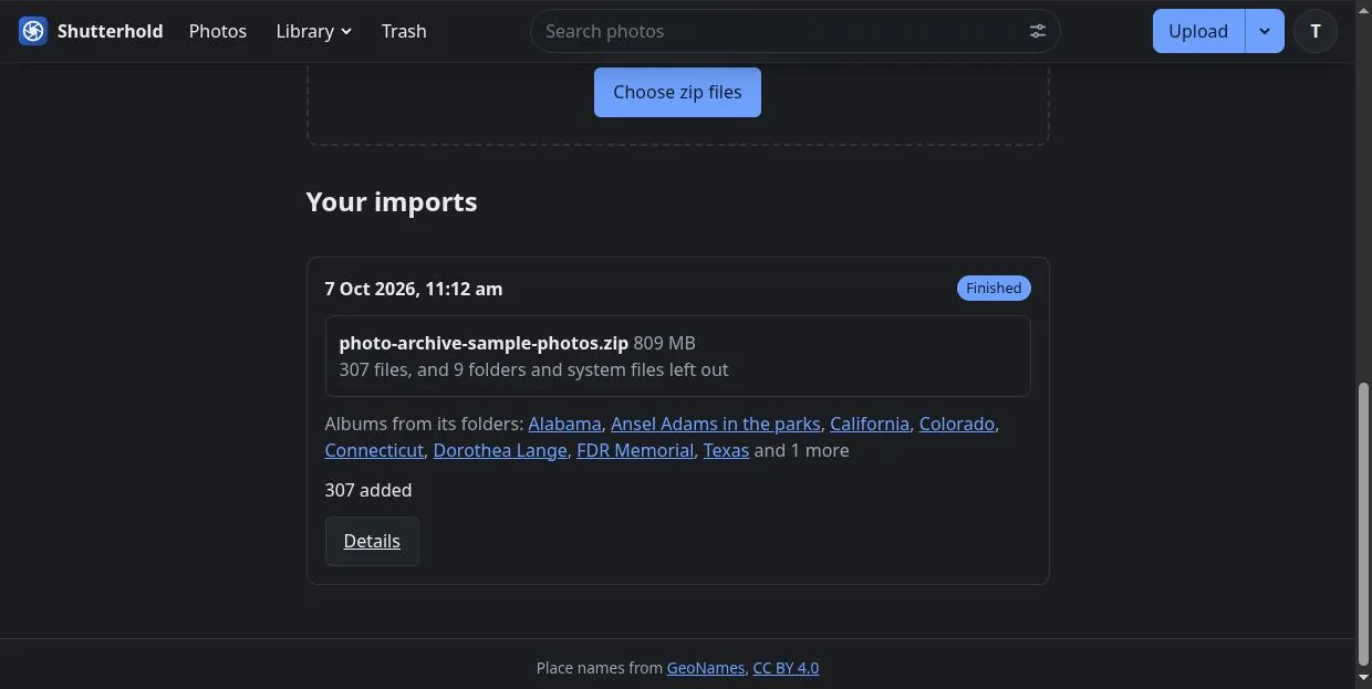 The Imports page: the drop zone for zip files and, below it, a finished import of a 809 MB zip listing the albums made from its folders and the 307 photos added