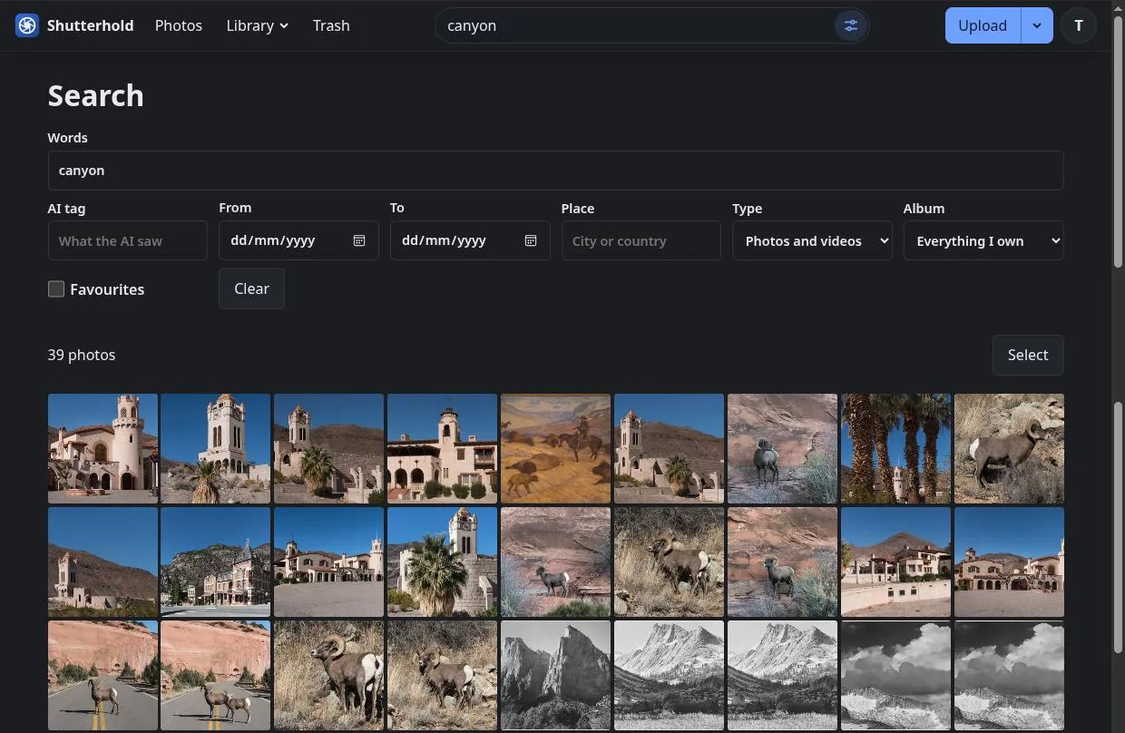 Search for the word canyon: the filters for AI tag, dates, place, type and album above the 39 matching photos